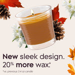 Lit Glade Cashmere Woods single-wick candle in a clear spun jar with floral and pinecone accents