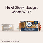 Comparison graphic showing old and new Glade Cashmere Woods candle packaging with 'New! Sleek design. More Wax' headline