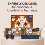 Assortment of Glade Cashmere Woods products including candles and plugin refills beneath headline about continuous, long-lasting fragrance.