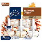 Alternate front packaging view of Glade Cashmere Woods plug-in scented oil refills showing brand logo and refill bottles.
