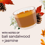 Glade Cashmere Woods three-wick candle tilted with jasmine blooms, pine cones and leaves and text noting notes of sandalwood and jasmine.