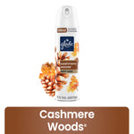 Glade Cashmere Woods soft mist aerosol can with pinecone and autumn leaf illustration