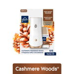 Glade Cashmere Woods automatic spray starter kit box showing white dispenser and refill with floral pinecone artwork