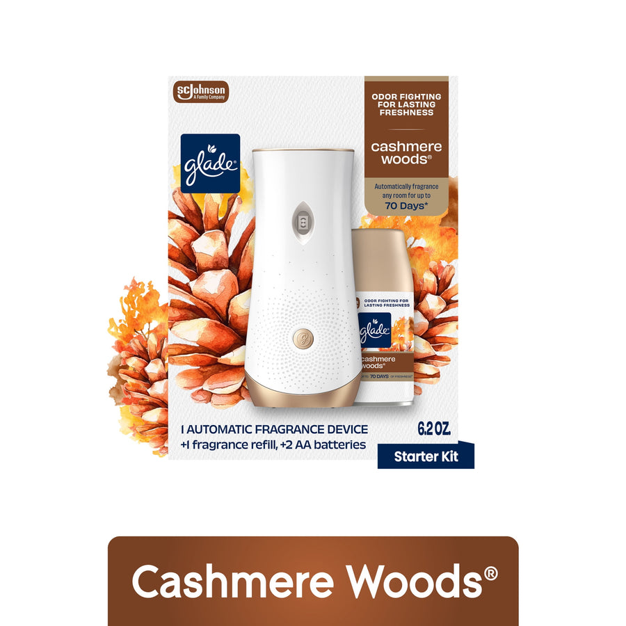 Glade Cashmere Woods automatic spray starter kit box showing white dispenser and refill with floral pinecone artwork