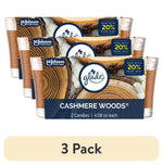 Three stacked Glade Cashmere Woods candle twin-pack packages with wood-grain label and '3 Pack' banner