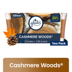 Glade Cashmere Woods two-pack packaging showing log cross-section graphics, pinecone and Two Pack label