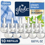 Blister-pack style display of ten Glade PlugIns scented oil refill vials with clean linen branding and floral accents