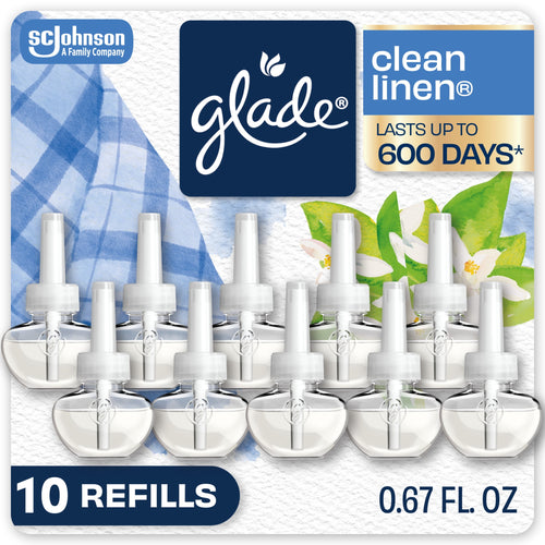 Blister-pack style display of ten Glade PlugIns scented oil refill vials with clean linen branding and floral accents