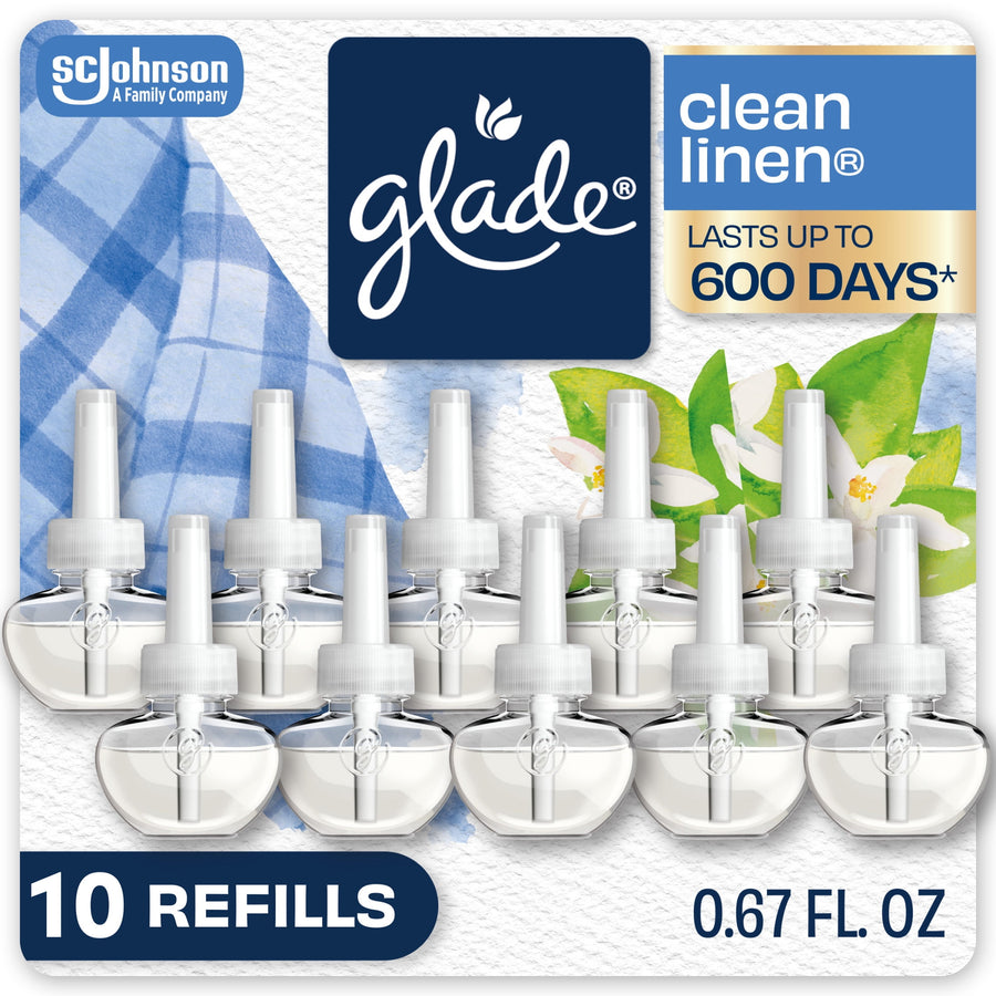 Blister-pack style display of ten Glade PlugIns scented oil refill vials with clean linen branding and floral accents