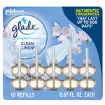 Retail-style pack art showing ten Glade PlugIns scented oil refills for Clean Linen with product name and days claim