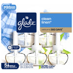 Alternate front-facing Glade Clean Linen blister pack showing five clear refill bottles with blue branding and product details