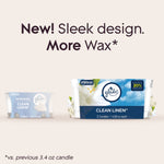 Comparison graphic showing old smaller Glade candle on left and new Clean Linen two-pack packaging on right with New sleek design text