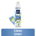 Tall Glade Clean Linen soft mist aerosol can with floral and blue gingham accent on a white background