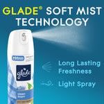 Glade Clean Linen soft mist spray can emitting a fine mist with text highlighting soft mist technology