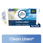 Packaged Glade Clean Linen two-pack with blue sky branding and white lily graphic, labeled Two Pack