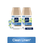 Two Glade Clean Linen automatic spray refill cans with floral accents on white background.