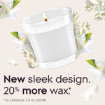 Illustrated single white Glade candle in a clear textured jar with flame surrounded by white flowers