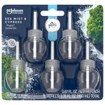 Front blister pack of five clear Glade PlugIns Sea Mist & Cypress refill bottles on navy ocean splash artwork