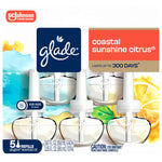 Close-up front packaging showing Glade logo, Coastal Sunshine Citrus label and visible refill bottles with citrus art