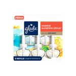 Front packaging showing Glade logo and five PlugIns refill bottles labeled Coastal Sunshine Citrus with citrus artwork