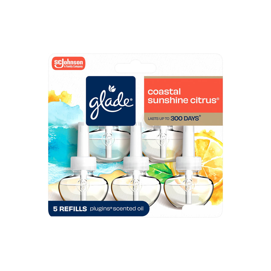 Front packaging showing Glade logo and five PlugIns refill bottles labeled Coastal Sunshine Citrus with citrus artwork
