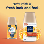 Promotional graphic showing two Glade Coastal Sunshine Citrus refill cans and text about a fresh new look