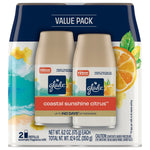 Packaged Glade Coastal Sunshine Citrus value pack showing two refill cans and packaging artwork with oranges and waves