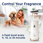 Woman hugging a golden retriever with an automatic Glade dispenser featured and text about controlling fragrance timing and intervals