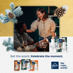 Couple sharing a moment at a candlelit dinner with Glade product pack images and 'Set the scent. Celebrate the moment.' message
