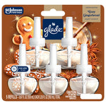 Close-up front pack shot of Glade Cozy Gingerbread plug-in oil five-refill blister with visible brand and product art.