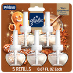 Front-facing Glade Cozy Gingerbread plug-in oil refill blister pack showing five clear refill bottles on holiday-themed background.