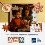 Warm holiday scene of child and adult baking with Glade plug-in devices and product packaging shown at bottom corner.