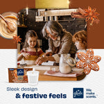Lifestyle scene of family baking with inset Glade Cozy Gingerbread candle and packaging, festive spices and cookie graphics