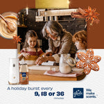 Holiday lifestyle scene of family baking with Glade Cozy Gingerbread automatic spray and refill shown
