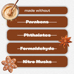 Ingredient claim graphic stating 'made without' with crossed-out words for parabens, phthalates, formaldehyde, nitro musks