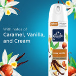 Glade Cozy Vanilla aerosol can on blue background with floral and vanilla illustrations and scent notes text