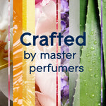 Promotional graphic 'Crafted by master perfumers' over vertical strips of floral and botanical images