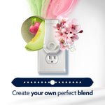 Plug-in air freshener centered with melon and cherry blossom visuals and text 'Create your own perfect blend'.