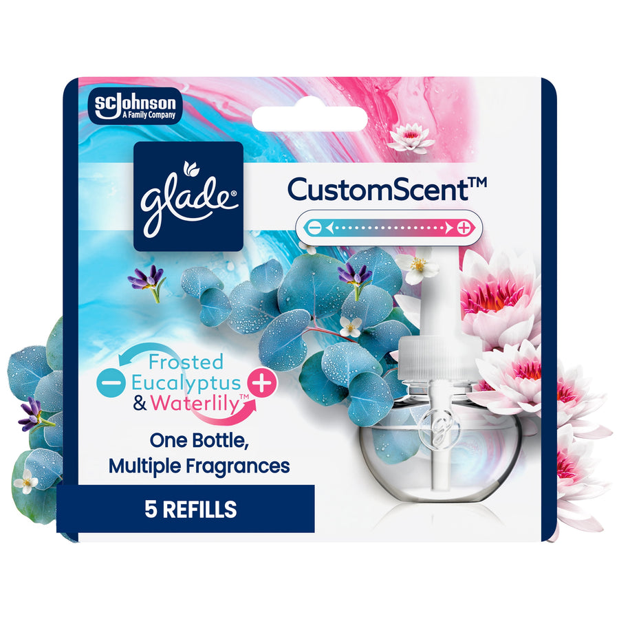 Glade CustomScent Frosted Eucalyptus & Waterlily refill blister pack with product bottle art