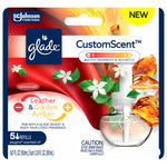 Front packaging artwork for Glade CustomScent Leather & Golden Amber refill pack showing bottle and branding