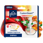 Glade CustomScent refill pack artwork showing refill bottle, leather ribbon and amber gems
