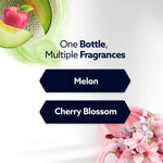 Graphic panel with text 'One Bottle, Multiple Fragrances' and melon and cherry blossom accents naming Melon and Cherry Blossom.