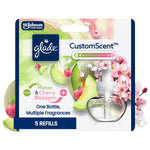 Glade CustomScent packaged refill graphic showing melon and cherry blossom artwork with a refill bottle and '5 refills' label.