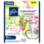 Glade CustomScent retail blister pack showing melon and cherry blossom artwork and one visible refill bottle
