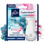 Glade CustomScent packaged blister card showing a plug-in warmer and floral eucalyptus and waterlily graphics