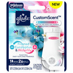 Retail blister card front for Glade CustomScent showing the warmer, floral artwork, and branding with a NEW callout