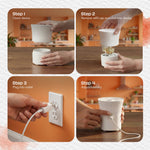 Four-step visual instructions showing opening the Glade device, inserting the refill, plugging into outlet, and adjusting intensity.