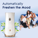Glade automatic fragrance device in the foreground with three people sitting on a couch in the background and mood text.