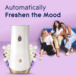 Glade automatic dispenser with floral accents and a lifestyle image of three people on a purple background