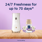 Glade automatic dispenser shown with a refill can and text claiming 24/7 freshness for up to 70 days on purple backdrop